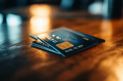 Stack Of Credit Cards On A Wooden Table