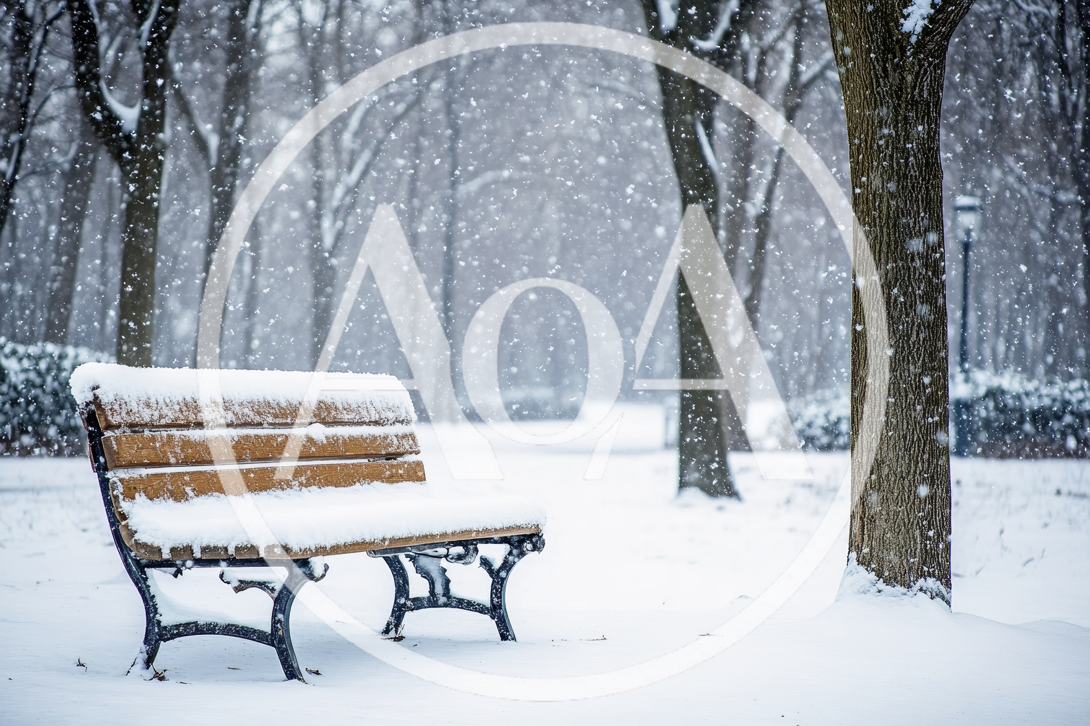 Snow Covered Wooden Park Bench During Winter Snowfall