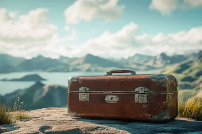 Vintage Leather Suitcase Resting On A Mountain Cliff