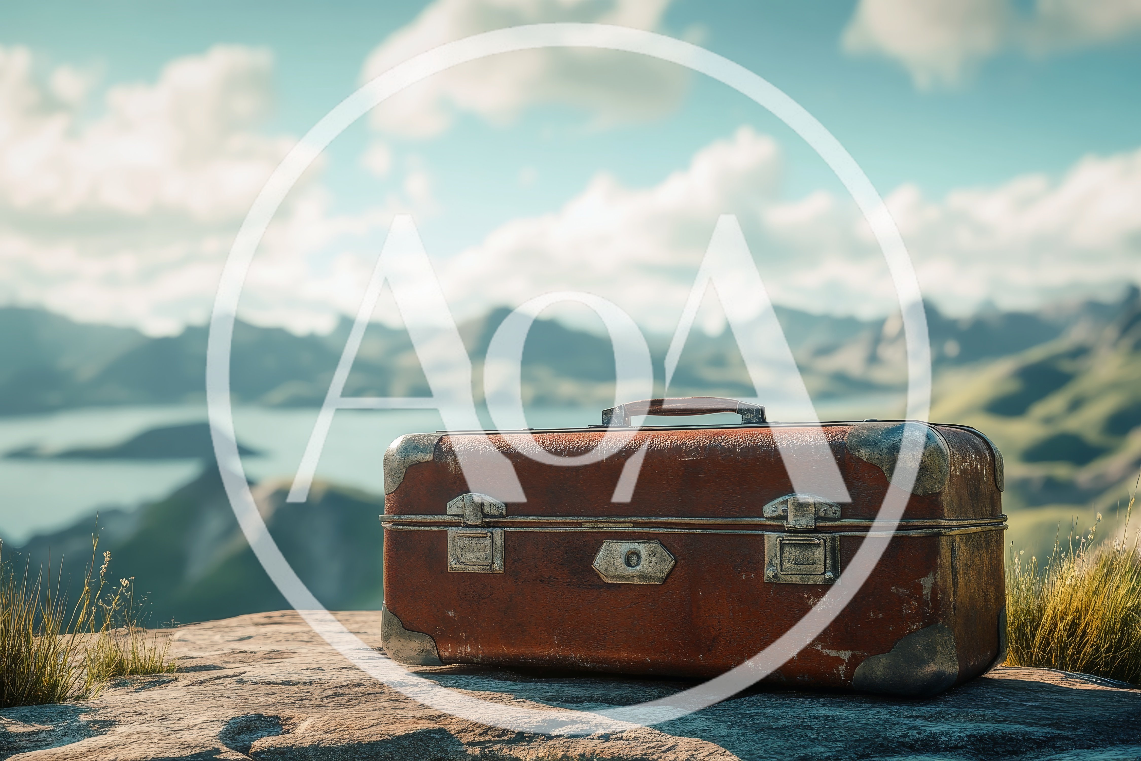Vintage Leather Suitcase Resting On A Mountain Cliff