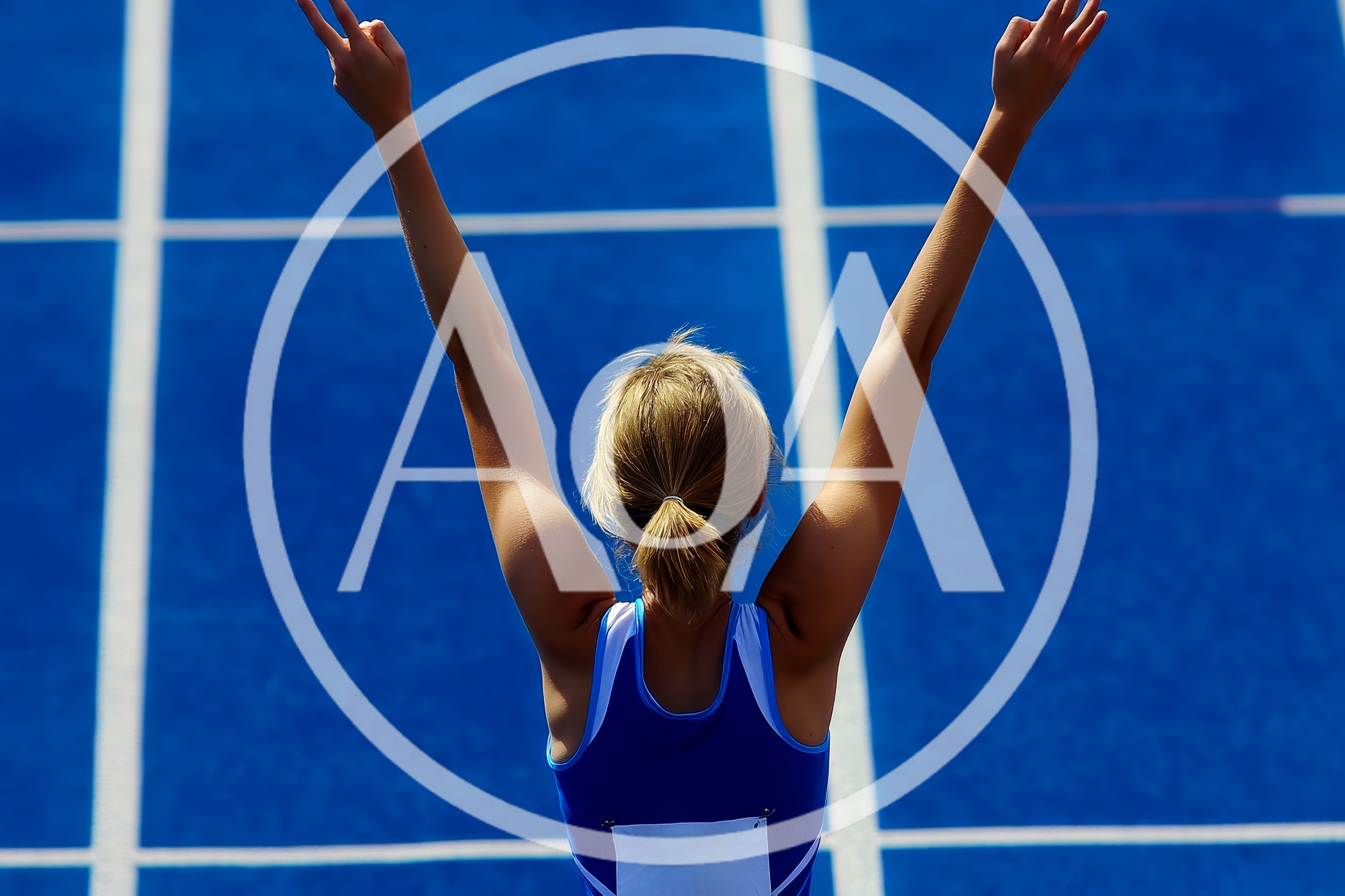 Female Athlete Celebrating Victory on Blue Track