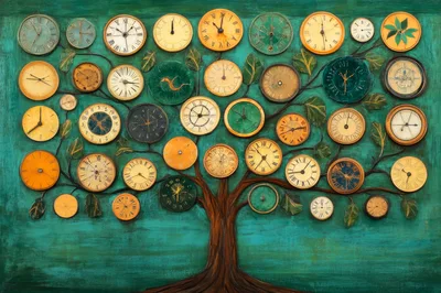 Surreal Tree Illustration With Many Vintage Clocks