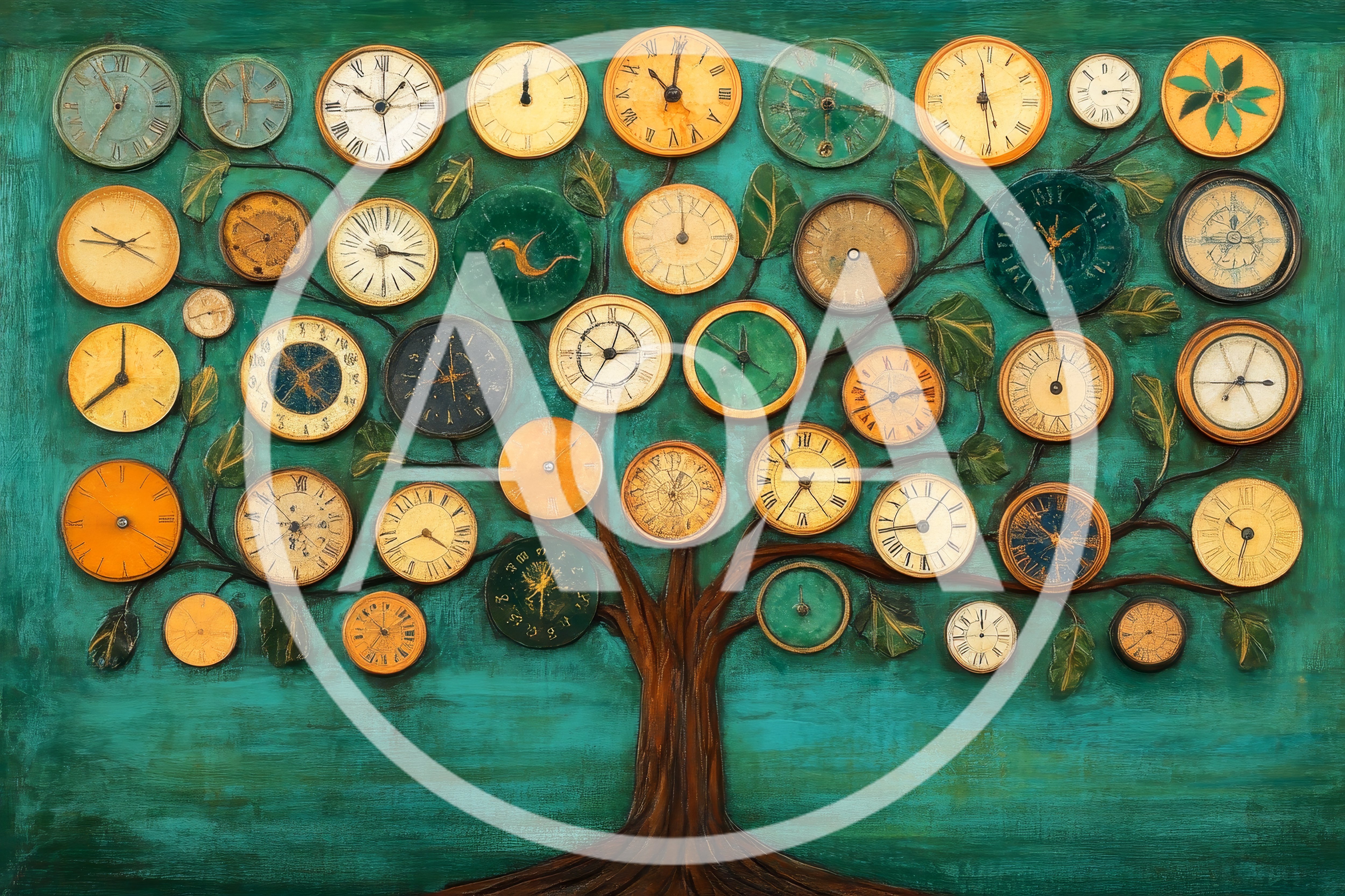 Surreal Tree Illustration With Many Vintage Clocks