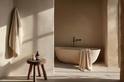 Minimalist Bathroom Interior With Stone Bathtub And Wooden Stool