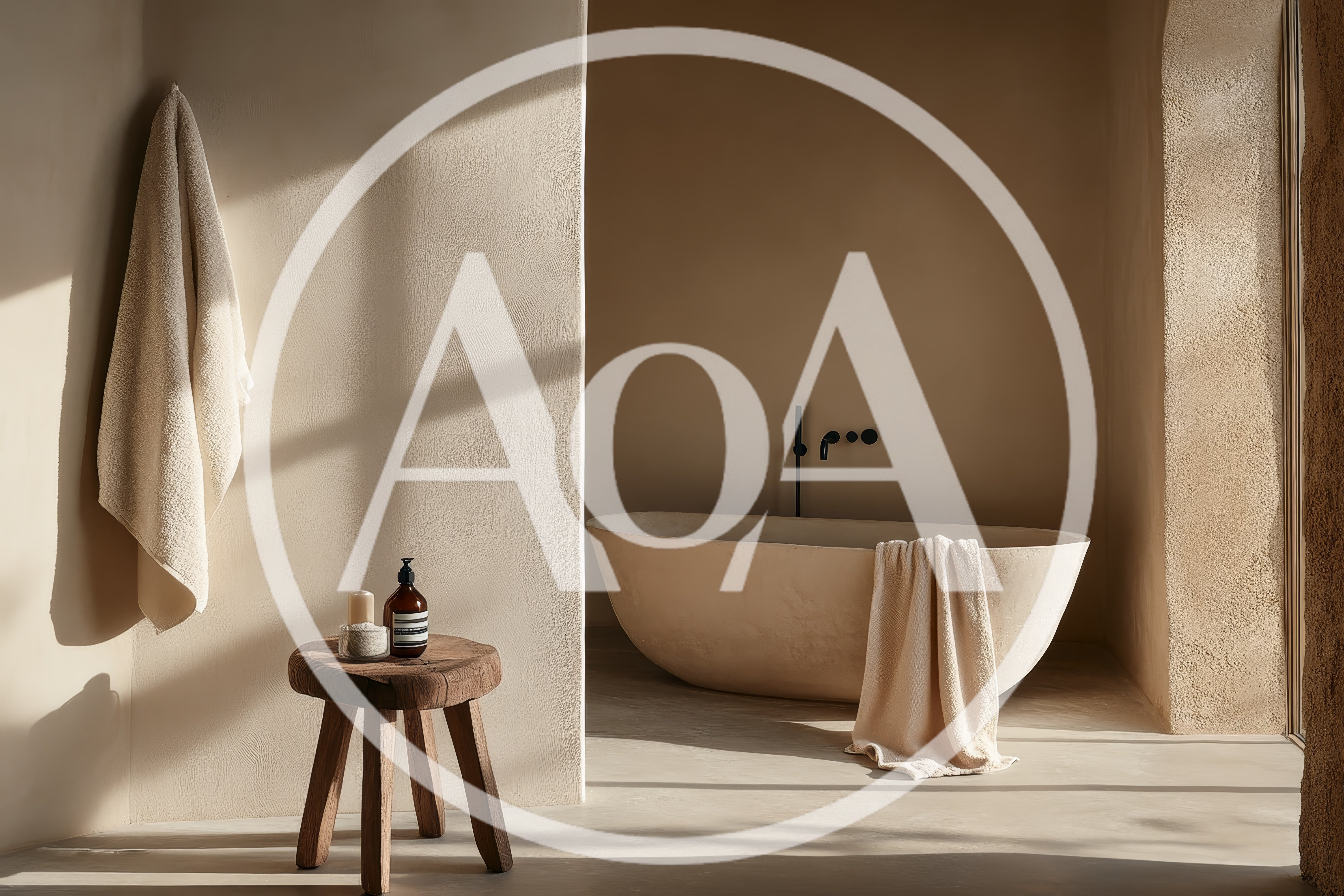 Minimalist Bathroom Interior With Stone Bathtub And Wooden Stool