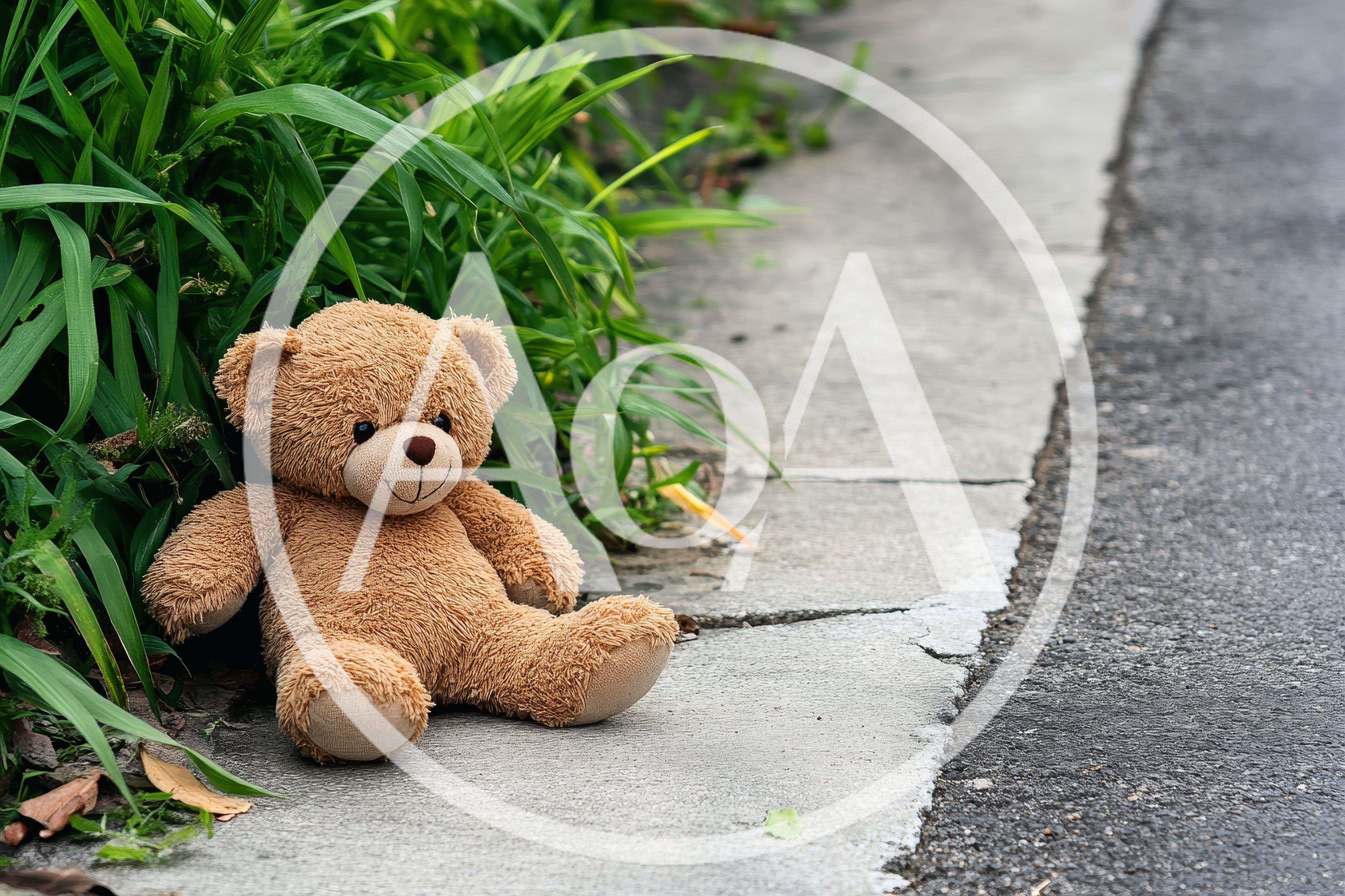 Lost Brown Teddy Bear Sitting On Concrete Sidewalk