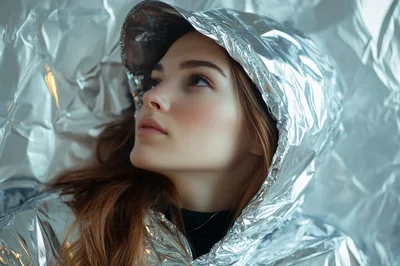 Portrait of a Young Woman in a Metallic Foil Hood