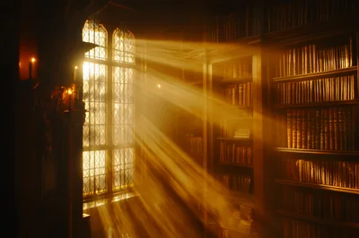 Sunlight Streaming Through Library Window Onto Bookshelves