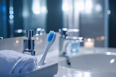 Toothbrush And Towel On A Bathroom Vanity