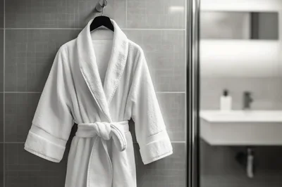 White Bathrobe Hanging On A Bathroom Wall