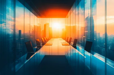 Modern Glass Conference Room Overlooking City Skyline