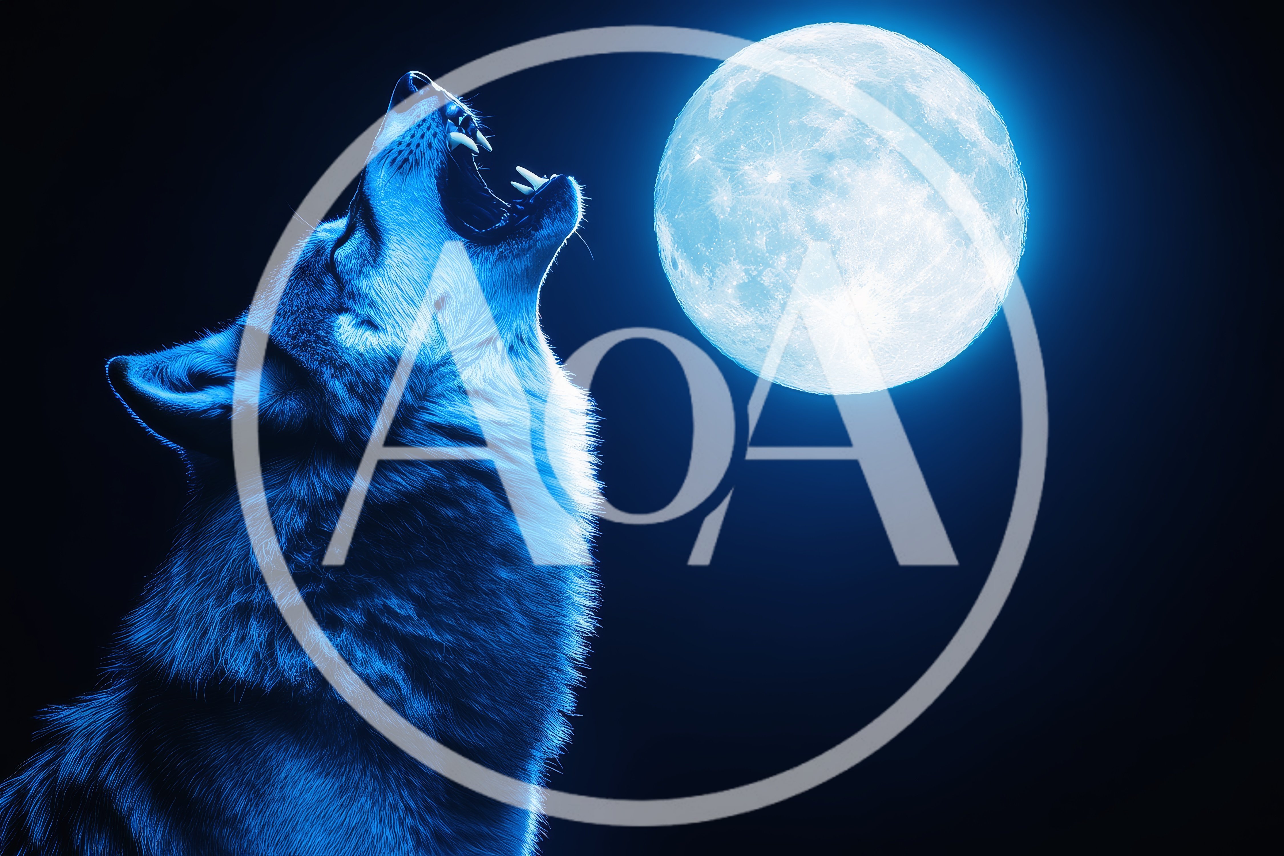 Wolf Howling At A Full Moon In Blue Light
