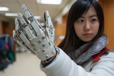 Young Woman Examining Advanced Robotic Prosthetic Hand