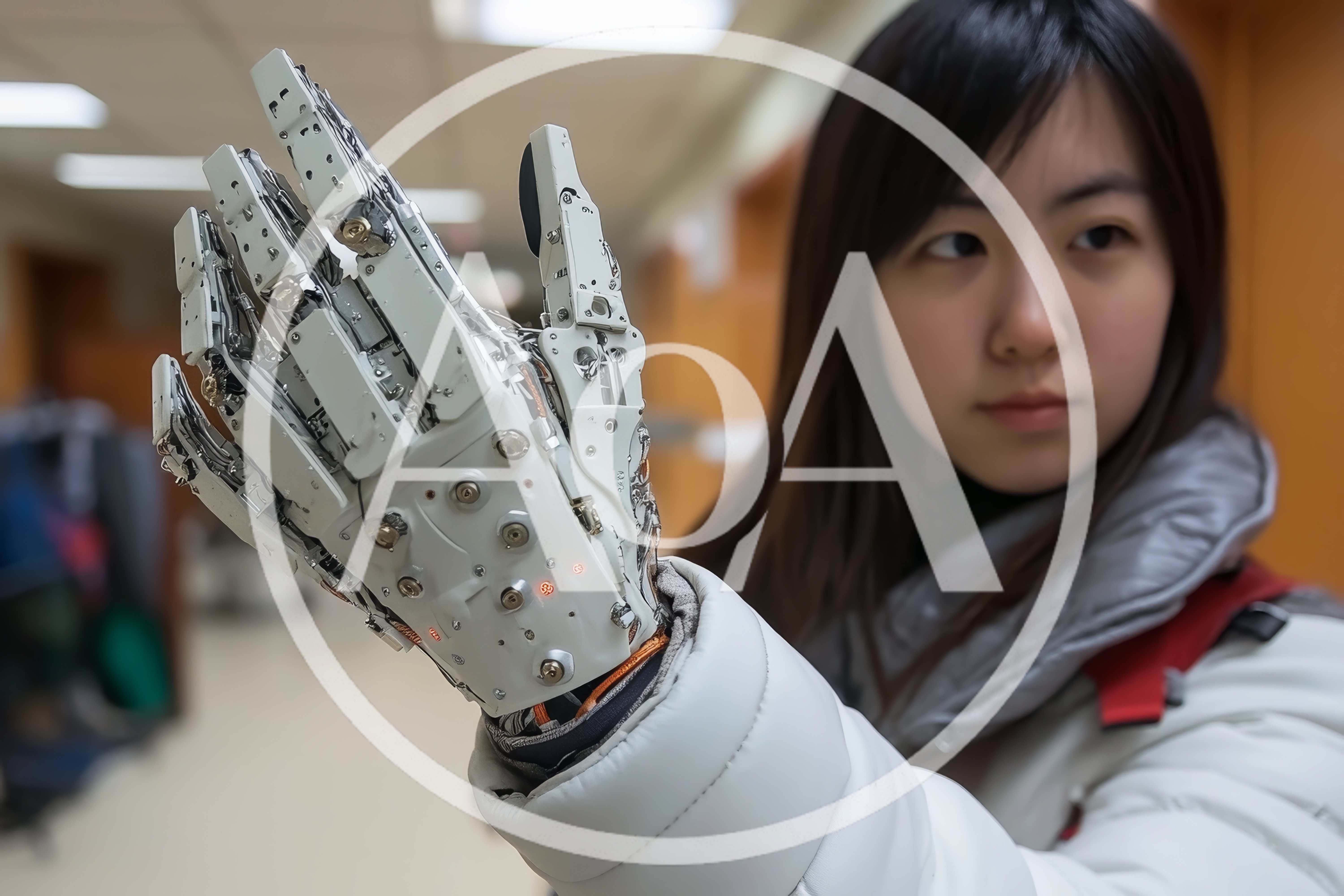 Young Woman Examining Advanced Robotic Prosthetic Hand