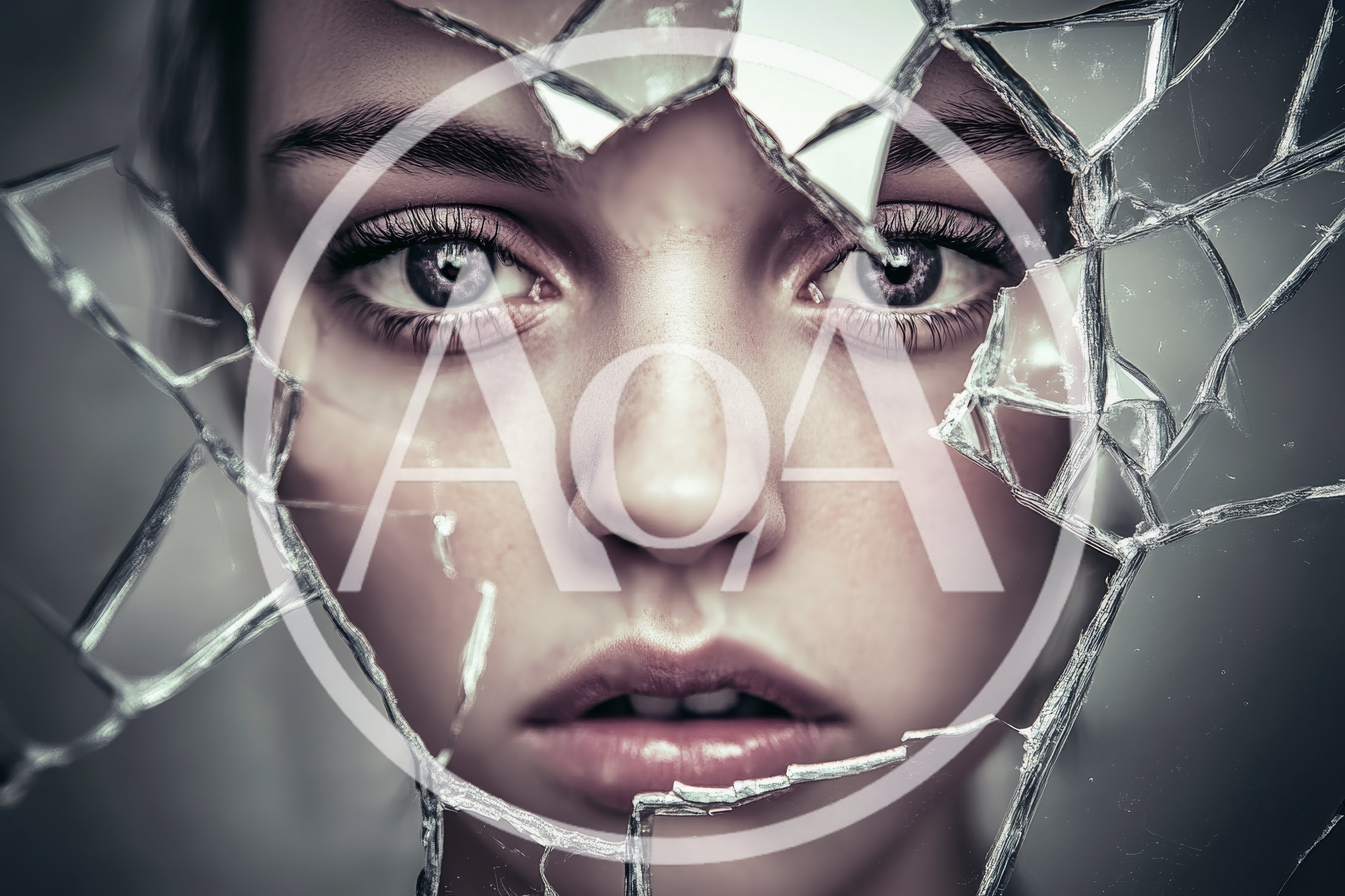Close Up Portrait Of Woman Behind Shattered Glass
