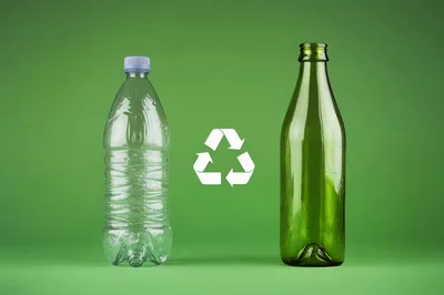 Plastic Bottle and Glass Bottle with Recycling Symbol