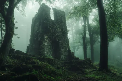 Ancient Stone Ruin In A Misty Forest