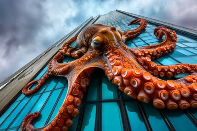 Giant Octopus Climbing A Modern Glass Skyscraper