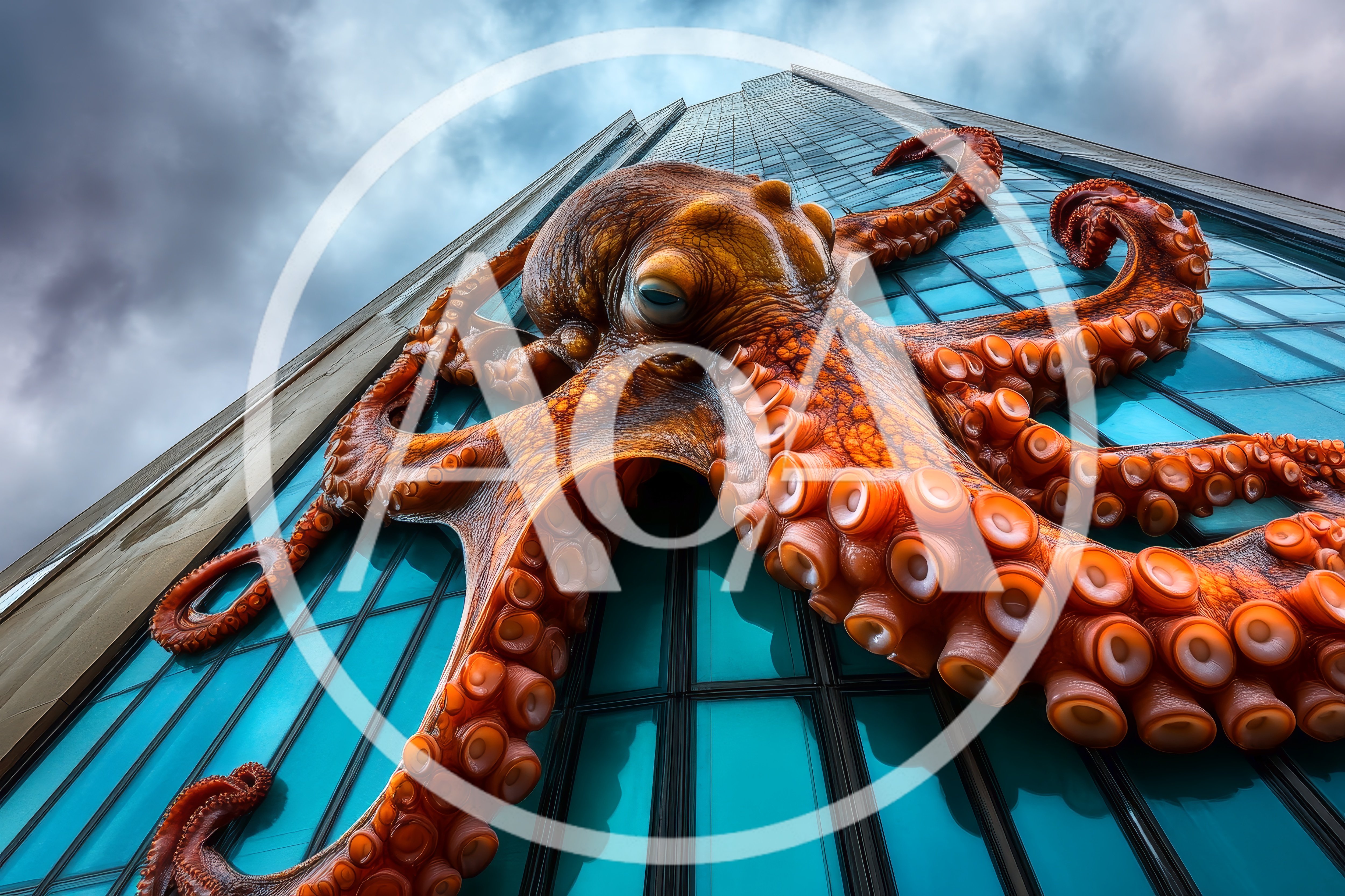 Giant Octopus Climbing A Modern Glass Skyscraper
