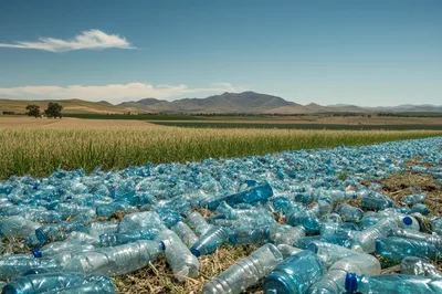 Massive Pile Of Discarded Blue Plastic Bottles In Field
