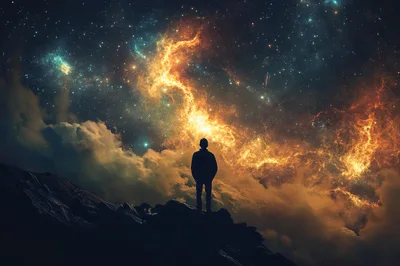 Silhouette Of A Person Standing On A Mountain Peak