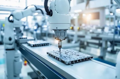 Industrial Robotic Arm Performing Precision Assembly On Circuit Board