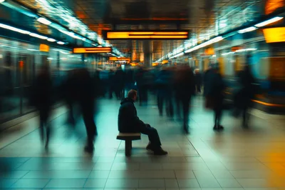 Lone Commuter Sitting on Subway Platform Bench