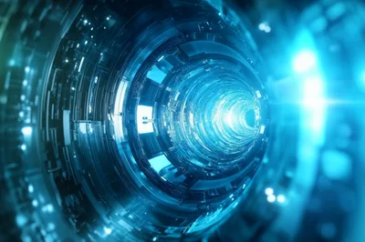 Futuristic Digital Data Tunnel With Glowing Blue Light