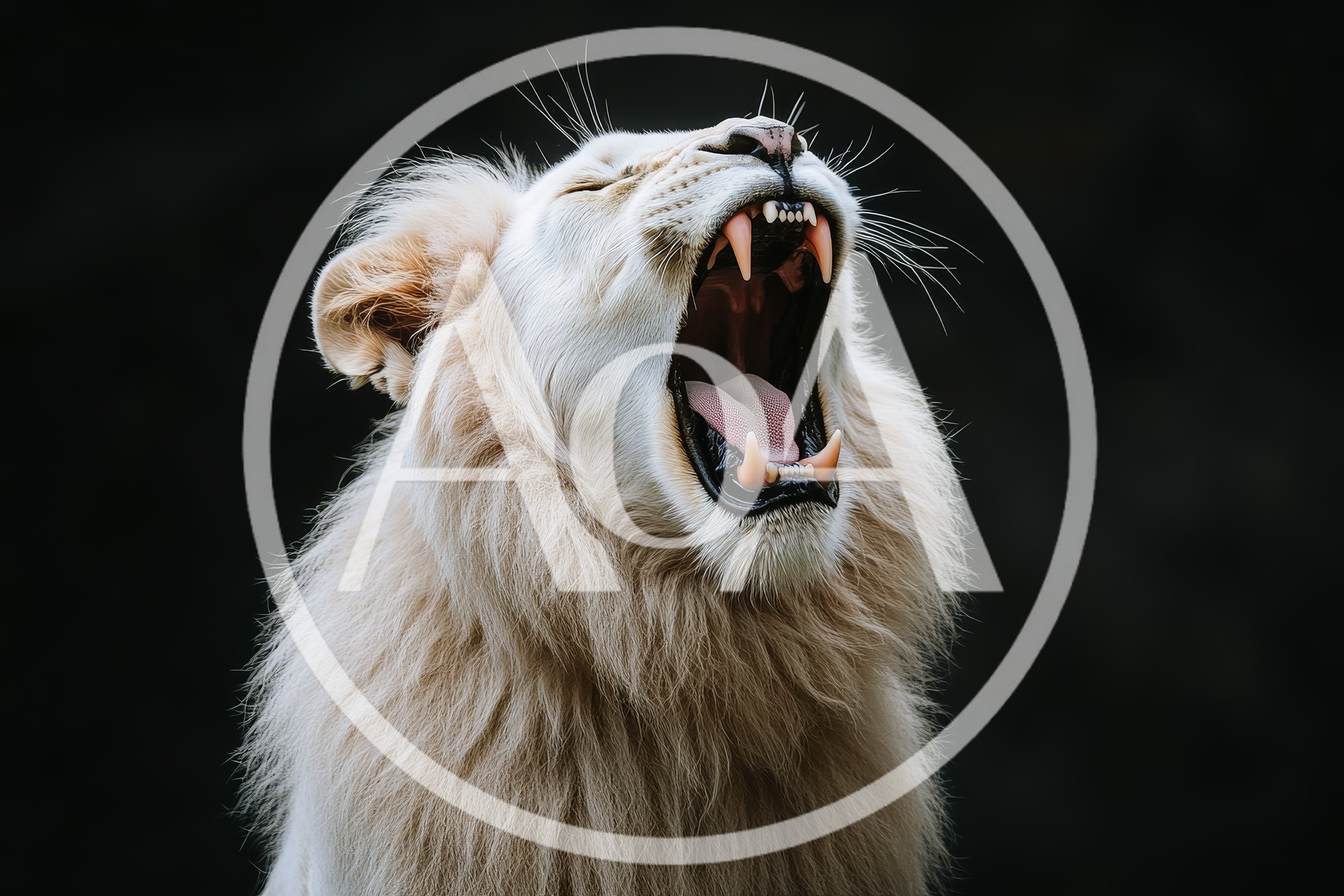 Majestic White Lion Roaring Against A Dark Background