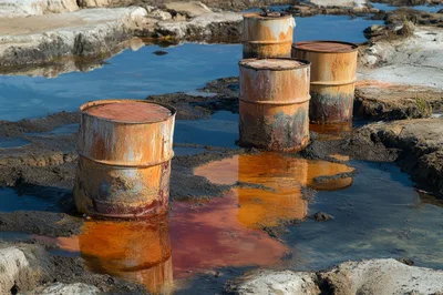 Rusty Metal Barrels In Polluted Industrial Landscape