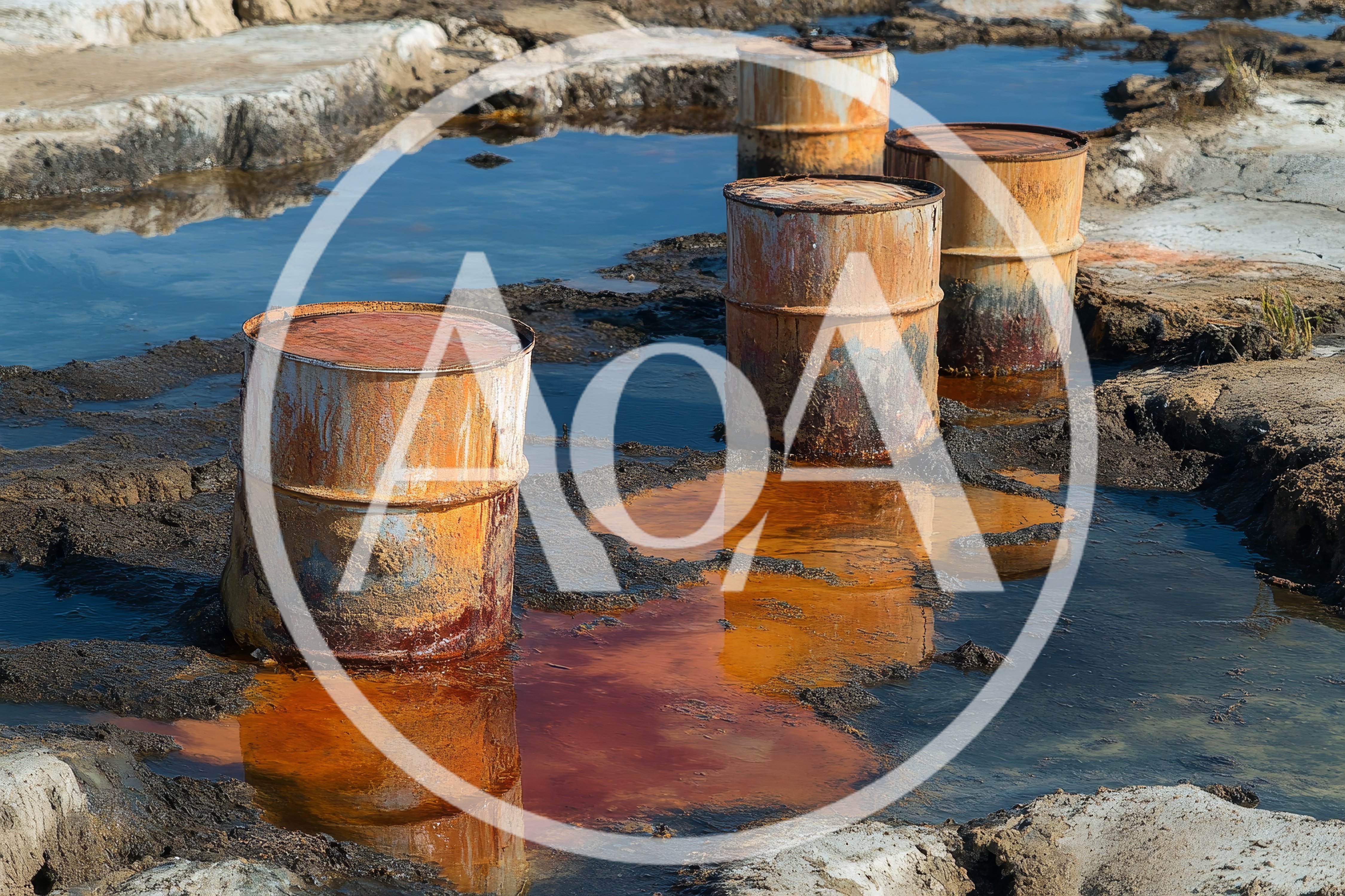 Rusty Metal Barrels In Polluted Industrial Landscape