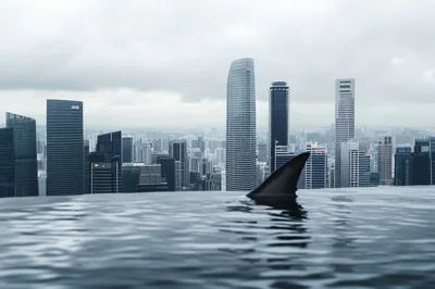 Shark Fin Swimming In Infinity Pool Overlooking City Skyline