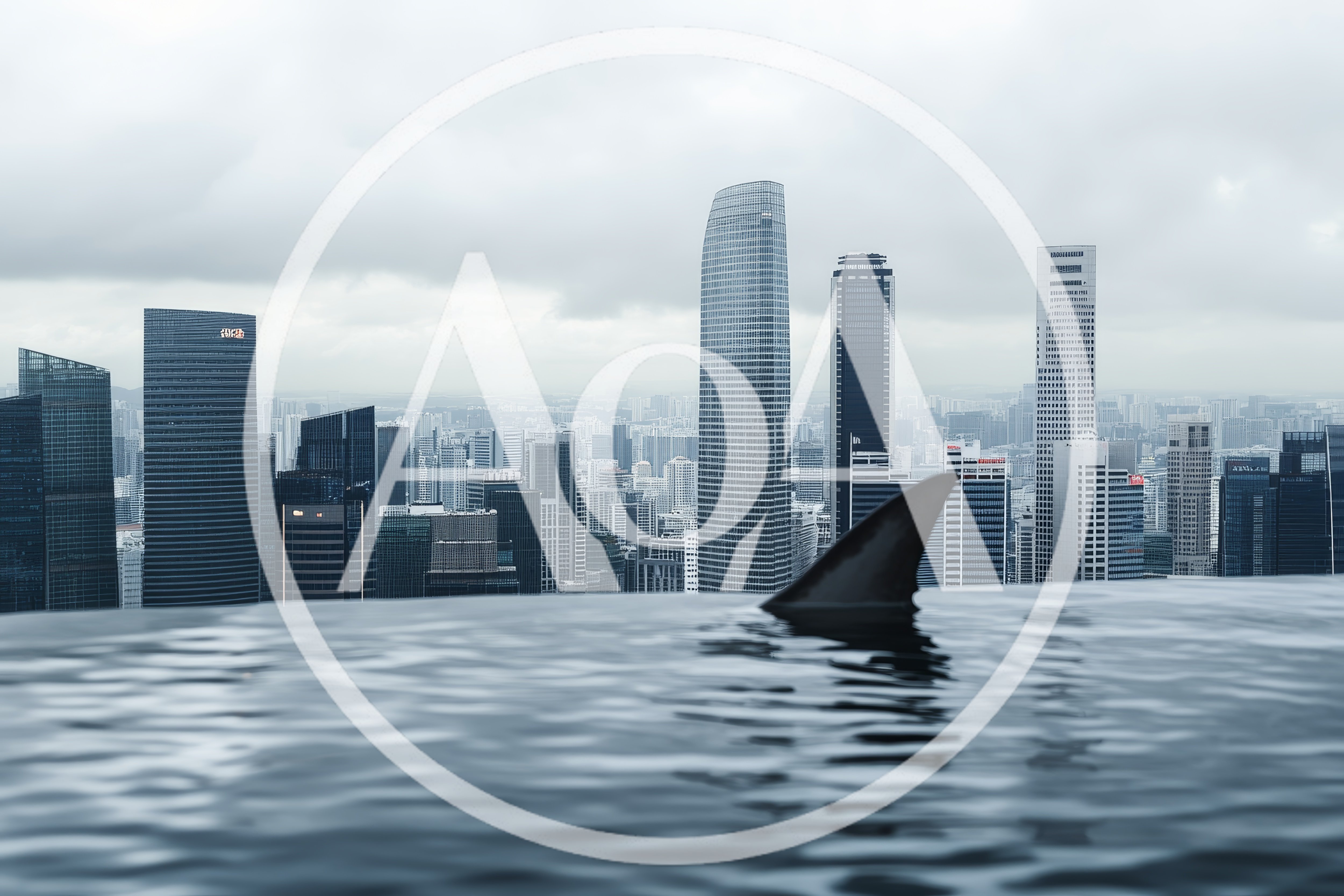 Shark Fin Swimming In Infinity Pool Overlooking City Skyline