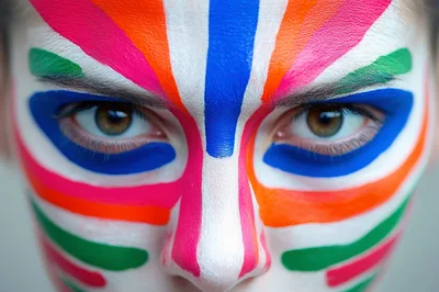 Close Up Portrait Of Person With Colorful Face Paint