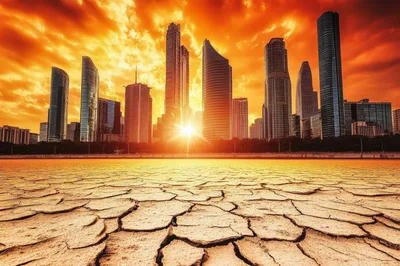 Modern City Skyline Over Cracked Dry Earth
