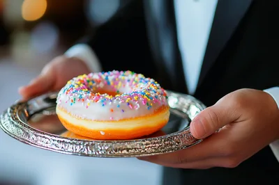 Waiter Serving A Single Glazed Donut On A Silver Platter