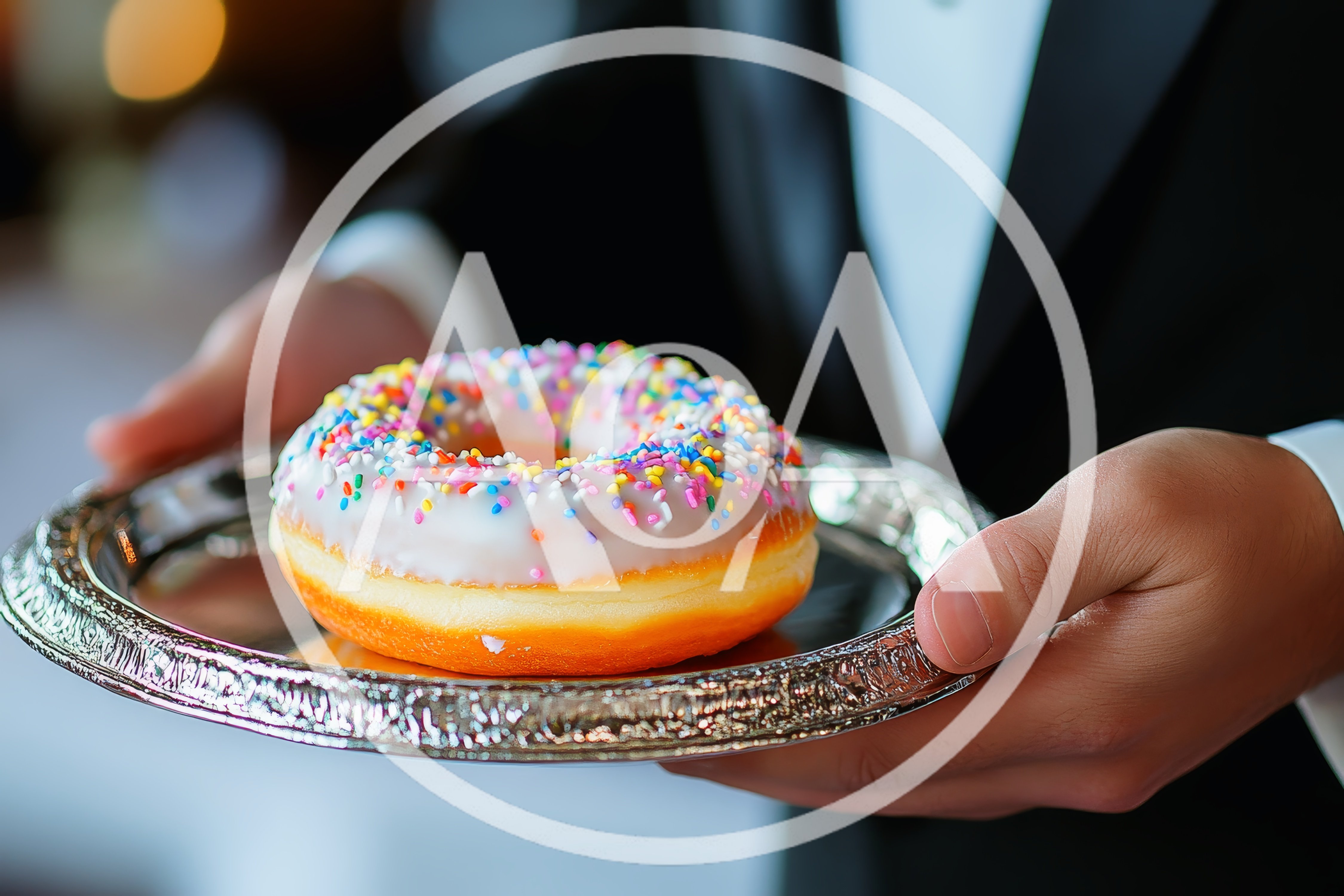 Waiter Serving A Single Glazed Donut On A Silver Platter