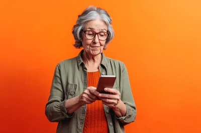 Senior Woman Using Smartphone Against Orange Background