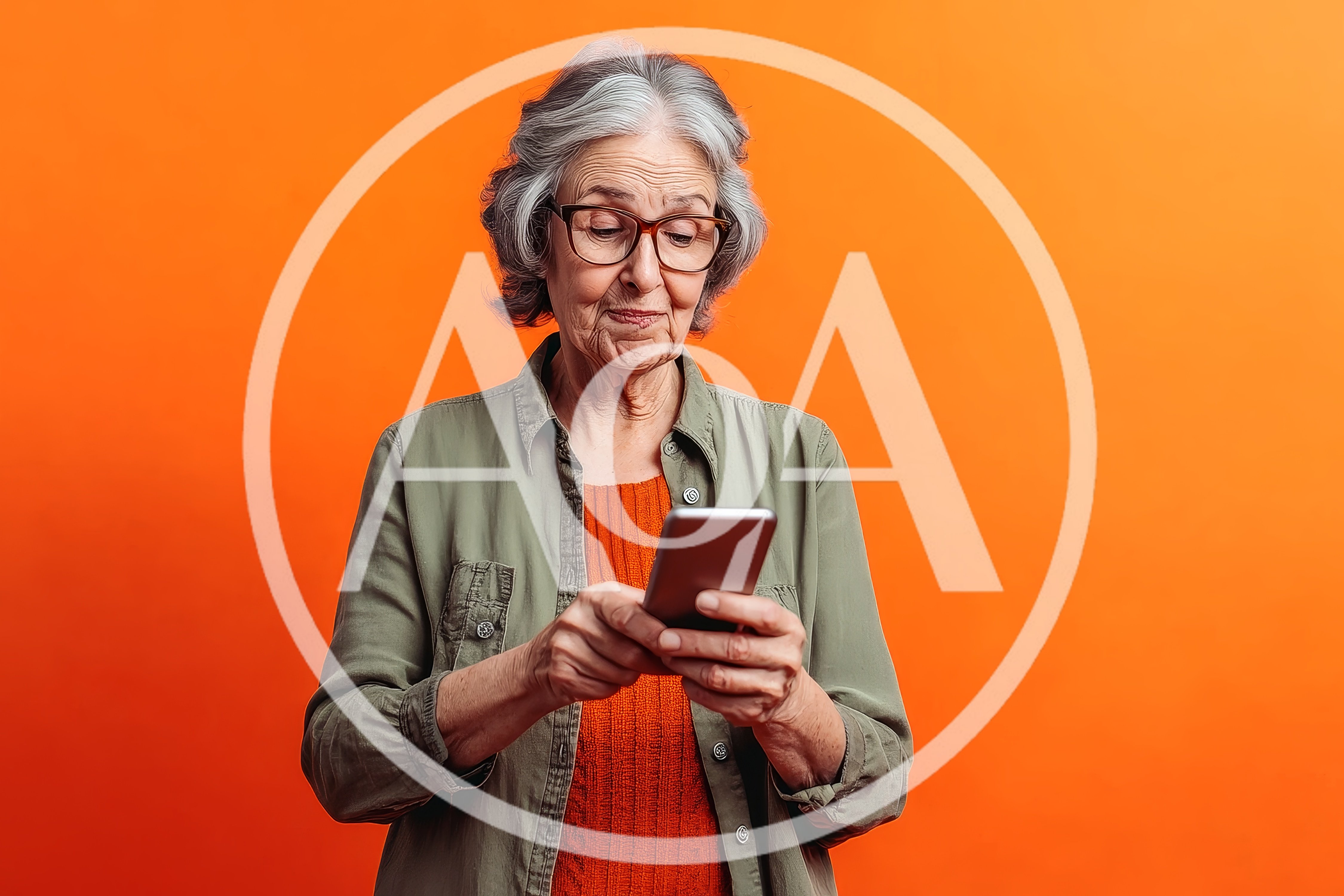 Senior Woman Using Smartphone Against Orange Background
