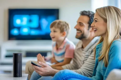 Happy Family Watching Television Together At Home
