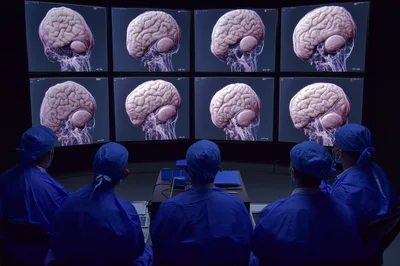 Medical Team Analyzing Brain Scans On Large Monitors