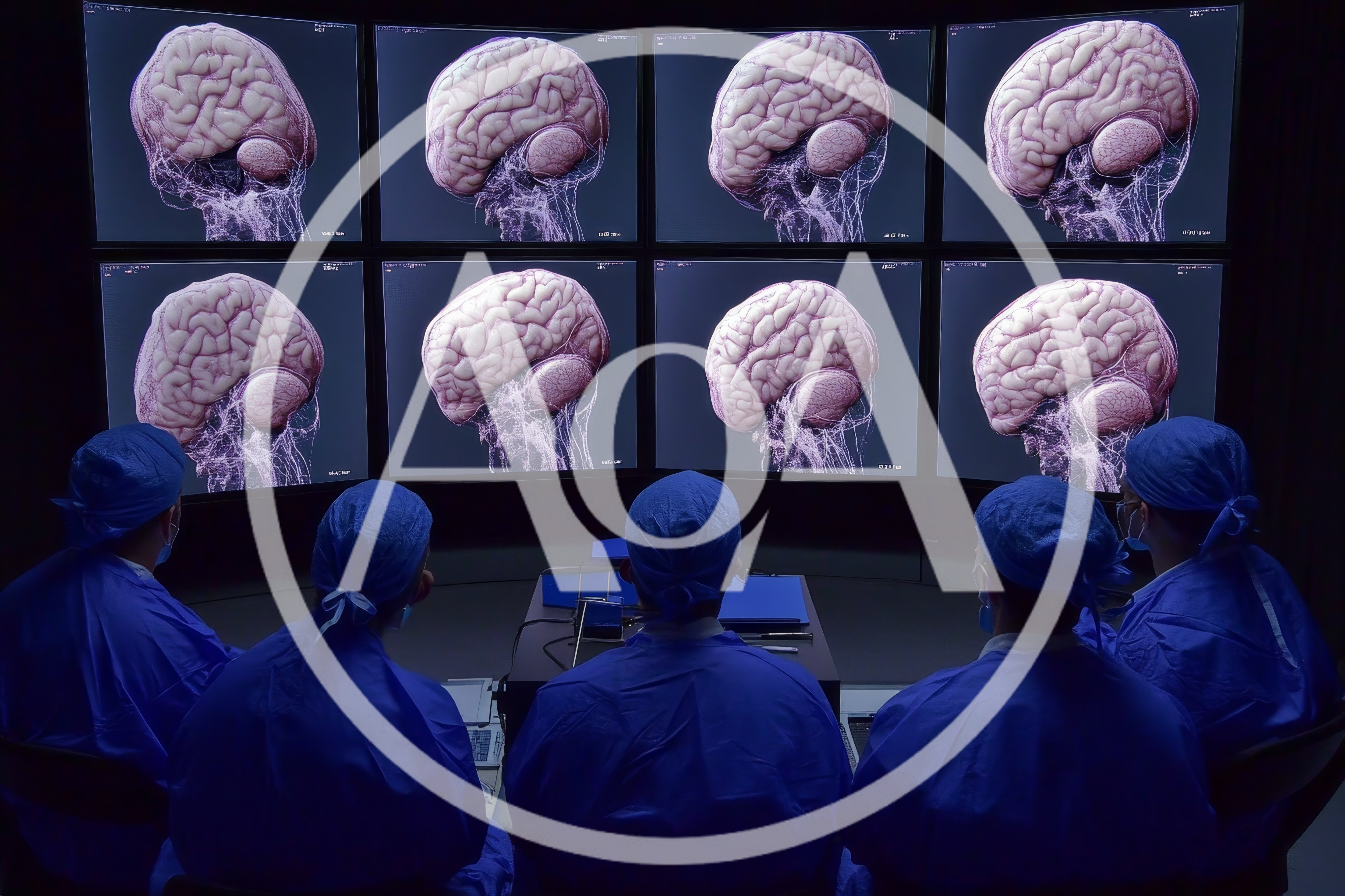 Medical Team Analyzing Brain Scans On Large Monitors