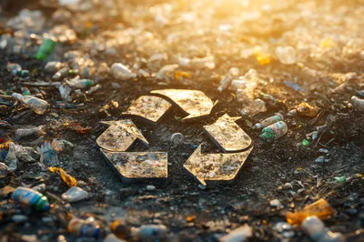 Recycle Symbol Placed Amidst Plastic Waste Pollution