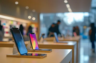 Modern Smartphones Displayed On Tables In Retail Store