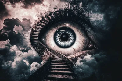Surreal Giant Eye Overlooking A Stone Stairway In Clouds