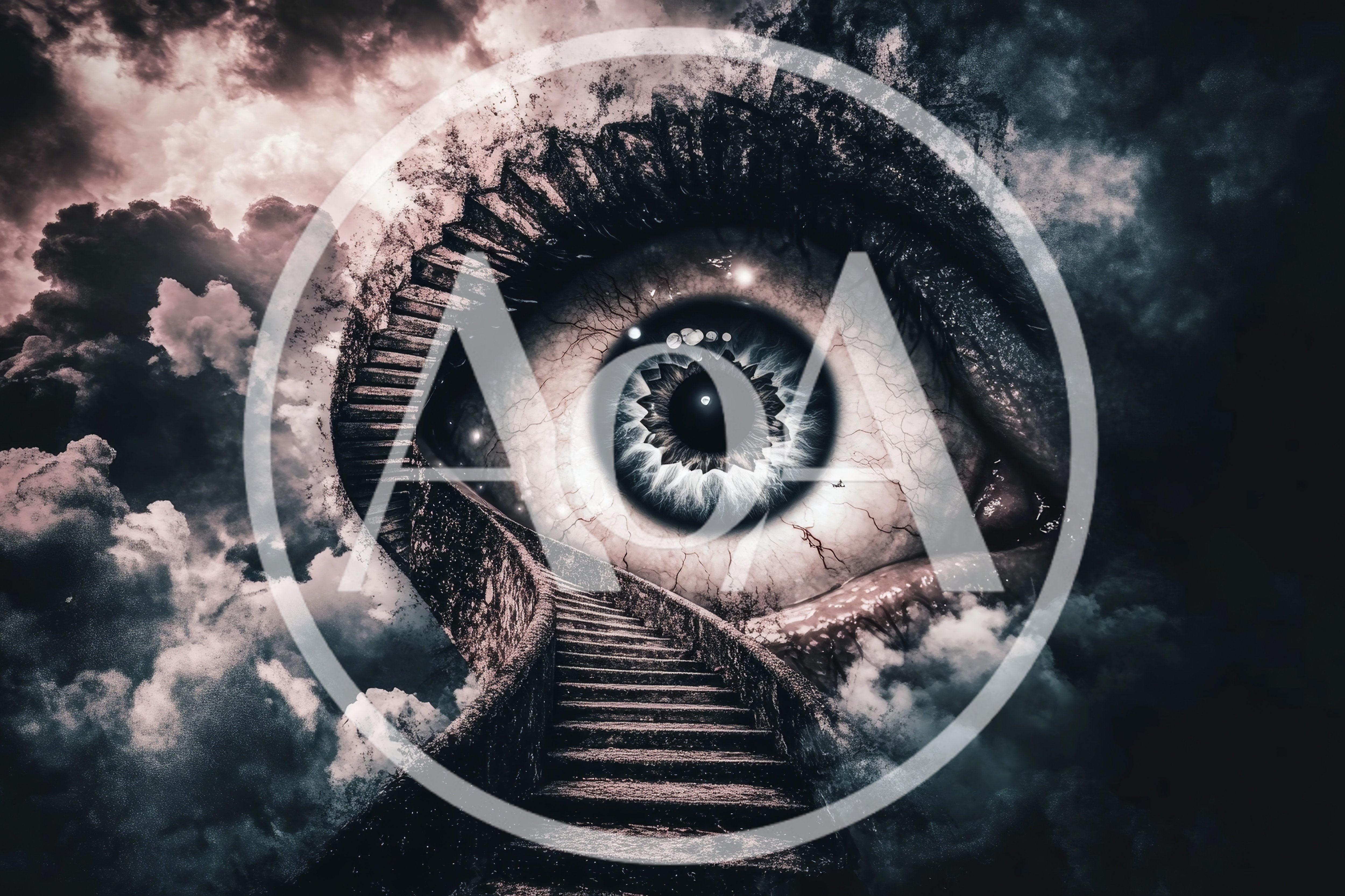 Surreal Giant Eye Overlooking A Stone Stairway In Clouds
