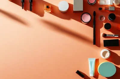 Flat Lay Makeup Products on Peach Background