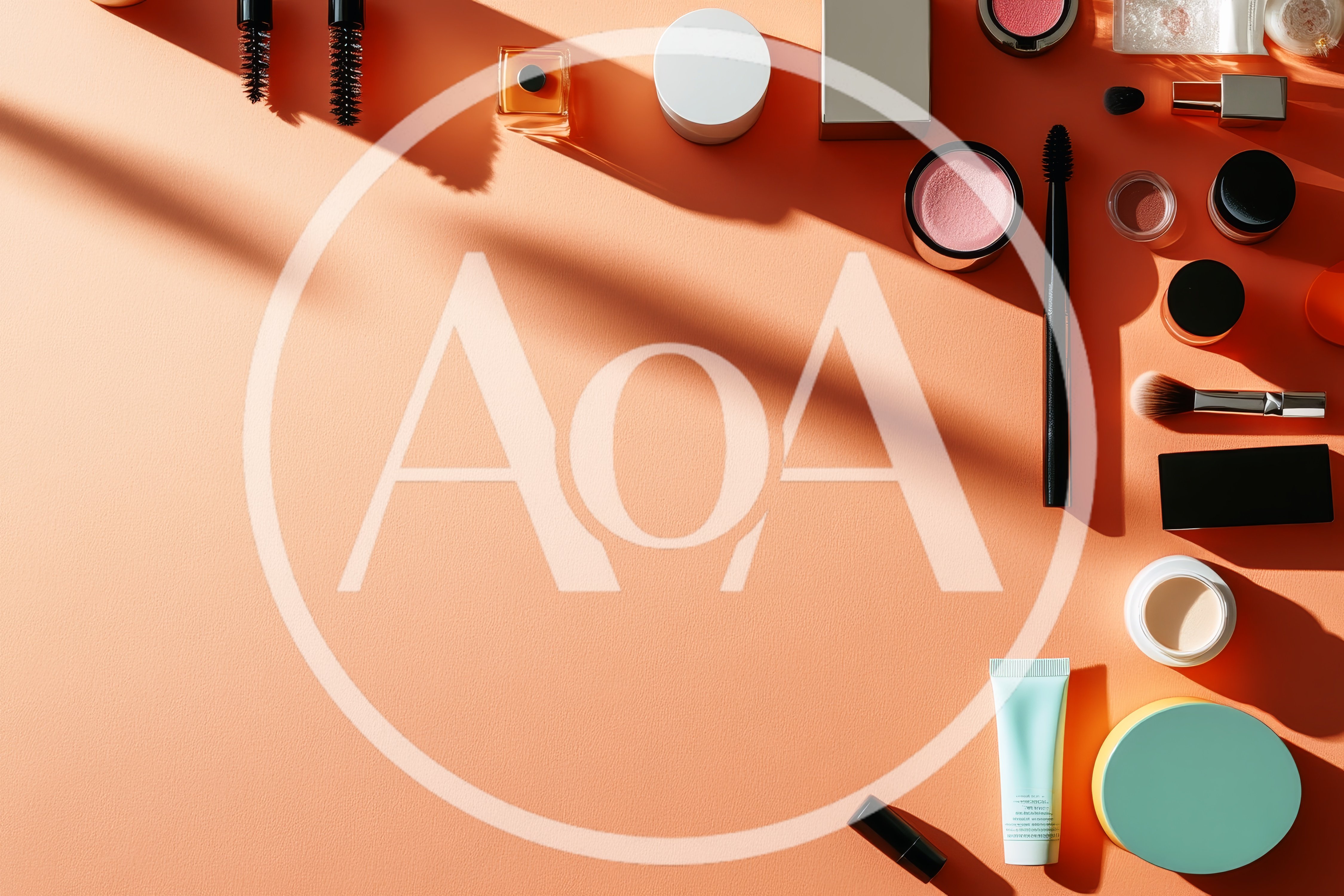 Flat Lay Makeup Products on Peach Background