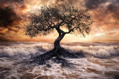 Solitary Tree Standing Amidst Crashing Ocean Waves