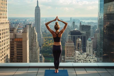 Woman Practicing Yoga On A New York City Rooftop